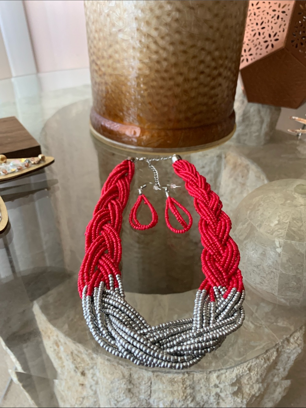 Red and Silver Beaded Braided Necklace with Matching Earrings